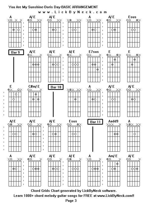 Chord Grids Chart of chord melody fingerstyle guitar song-You Are My Sunshine-Doris Day-BASIC ARRANGEMENT,generated by LickByNeck software.